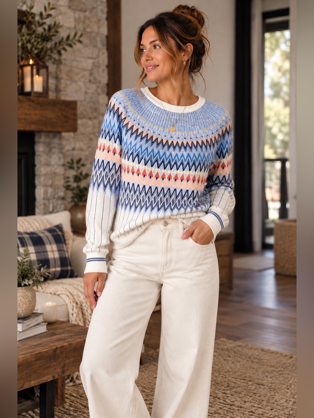 Anthropologie Libby Fair Isle Wool Blend Crewneck Sweater Blue Small